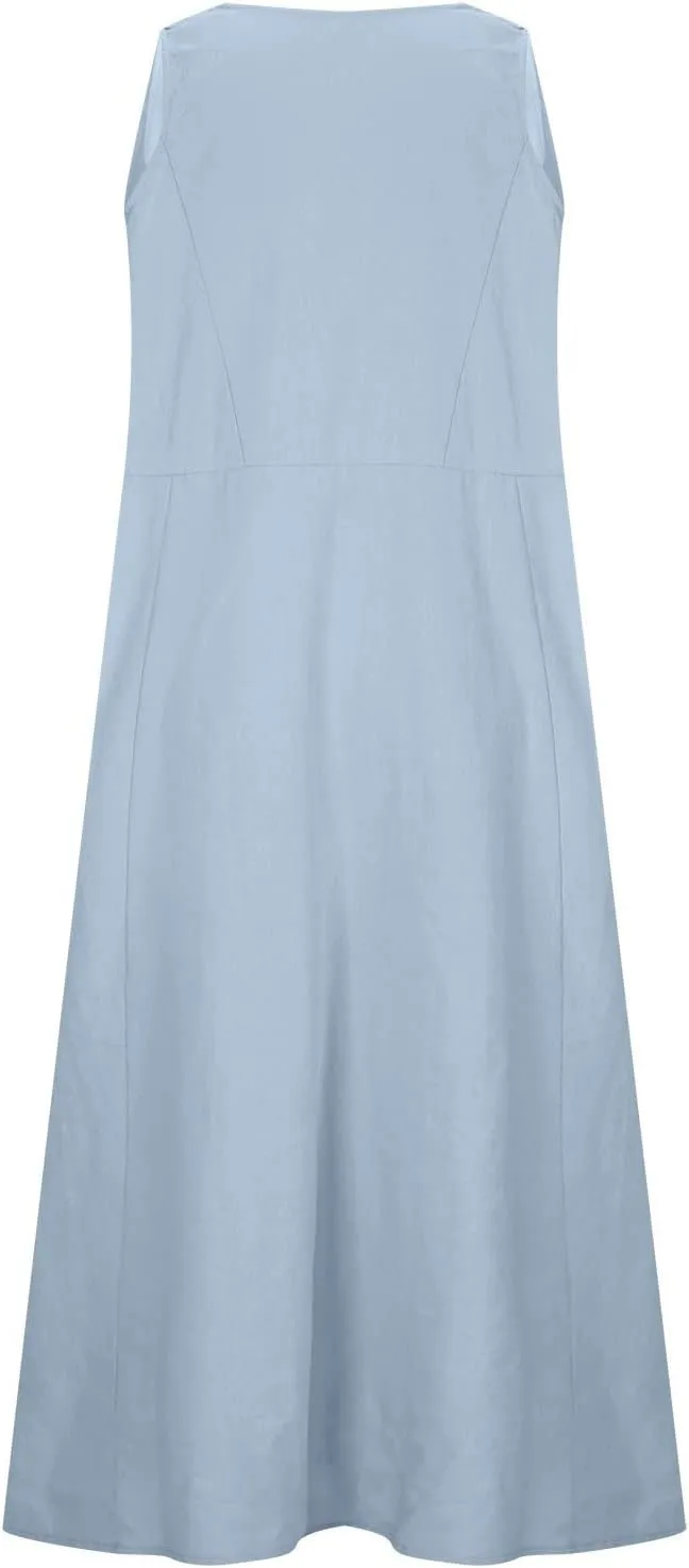 Women's Summer Cotton Linen Long Dress Sleeveless Elegant Flowy Dresses Plus Size Loose Comfy Dress with Pockets