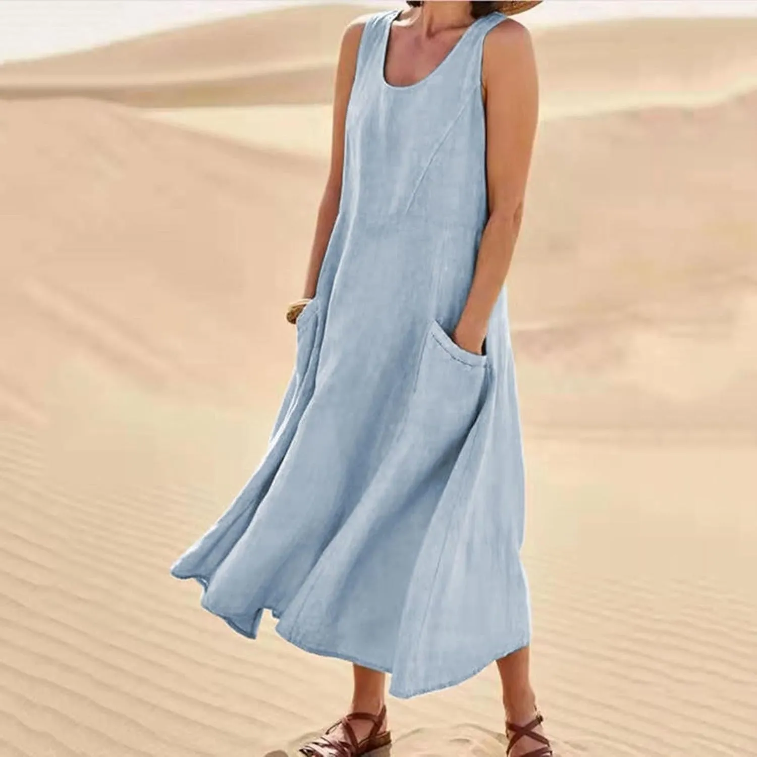 Women's Summer Cotton Linen Long Dress Sleeveless Elegant Flowy Dresses Plus Size Loose Comfy Dress with Pockets