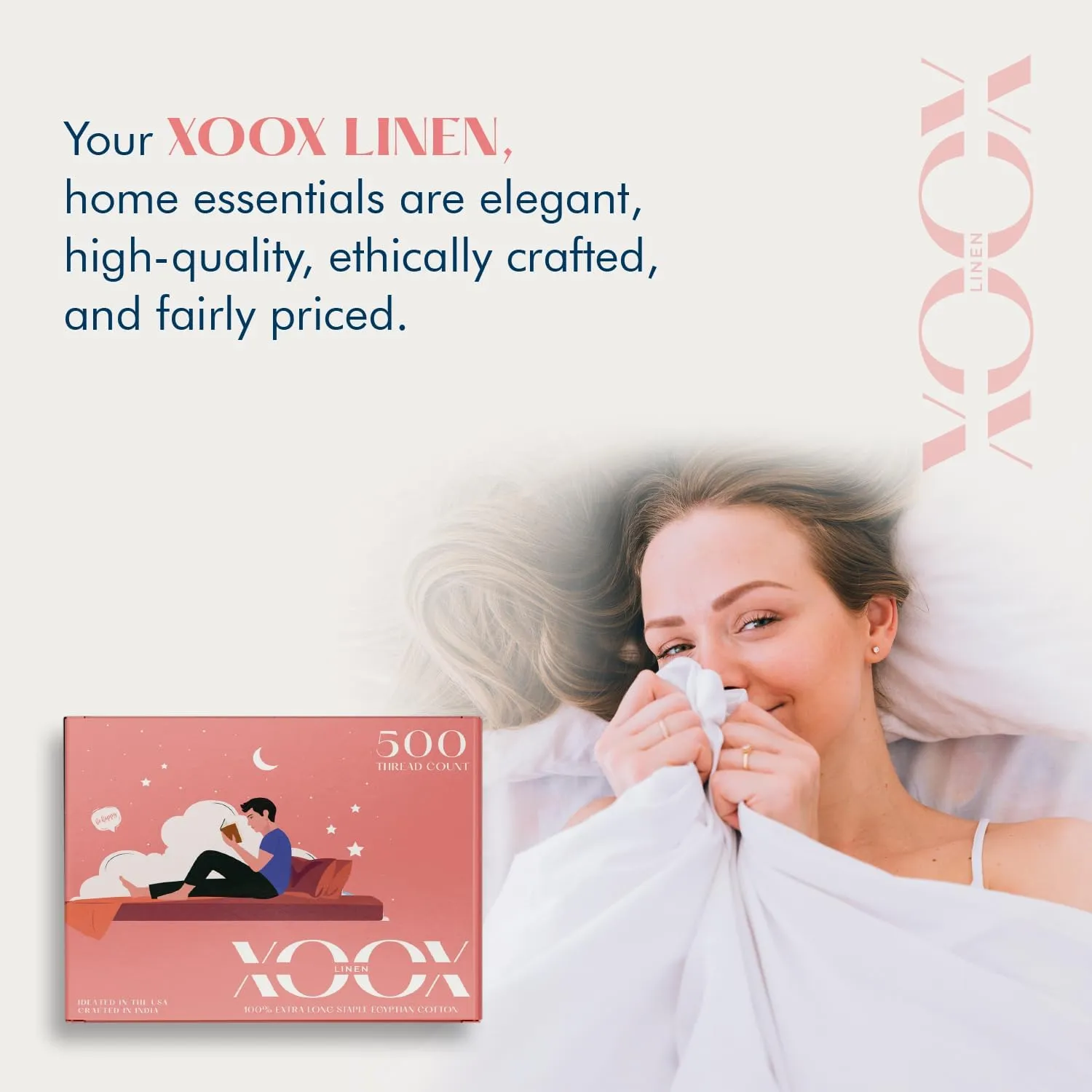 XOOX Linen 100% Cotton Bed Sheets Queen Sheet Set - 500 Thread Count Sheets Queen Size 4 PC Set (Blush), Soft, Cooling, Hotel-Quality 16" Deep Pocket Sateen Cotton Bedsheet for Hot Sleepers