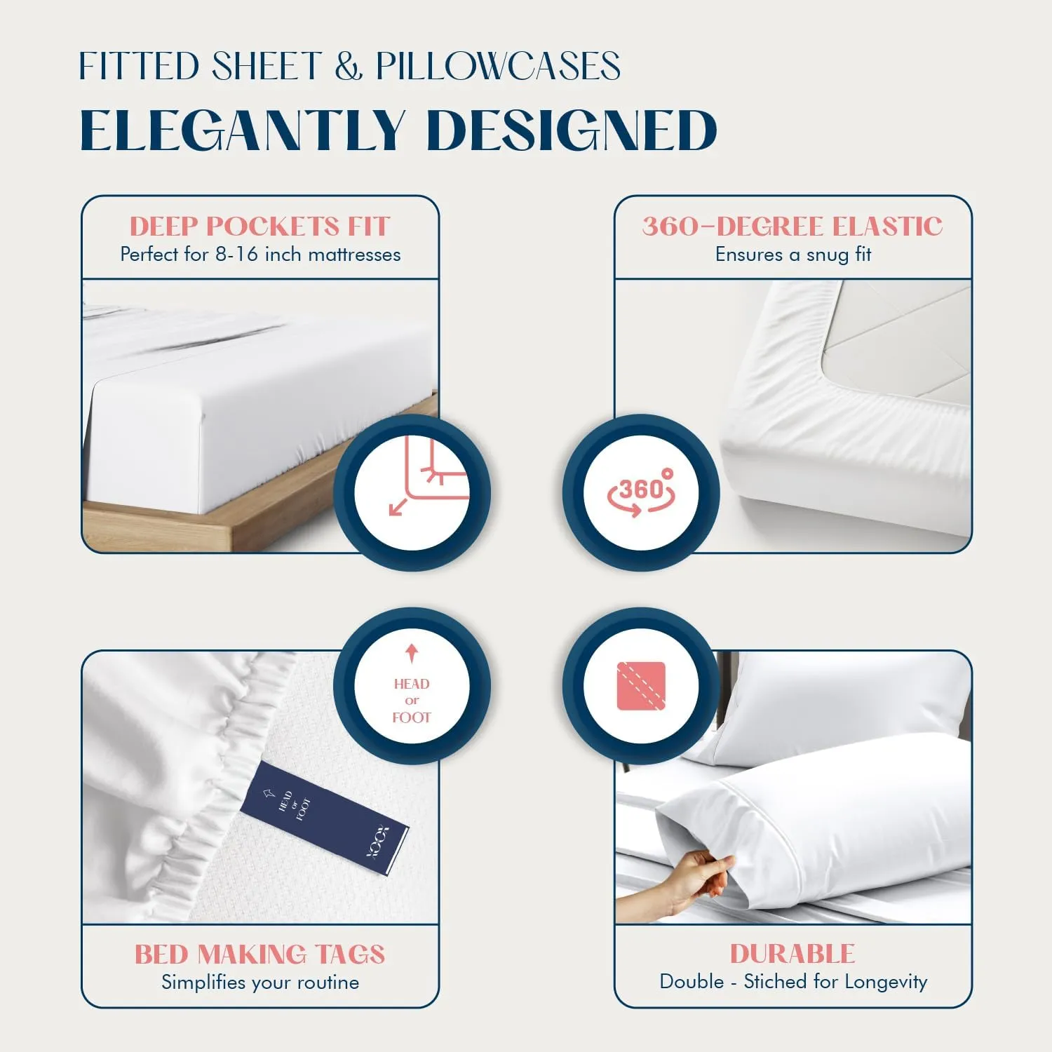 XOOX Linen 100% Cotton Bed Sheets Queen Sheet Set - 500 Thread Count Sheets Queen Size 4 PC Set (Blush), Soft, Cooling, Hotel-Quality 16" Deep Pocket Sateen Cotton Bedsheet for Hot Sleepers