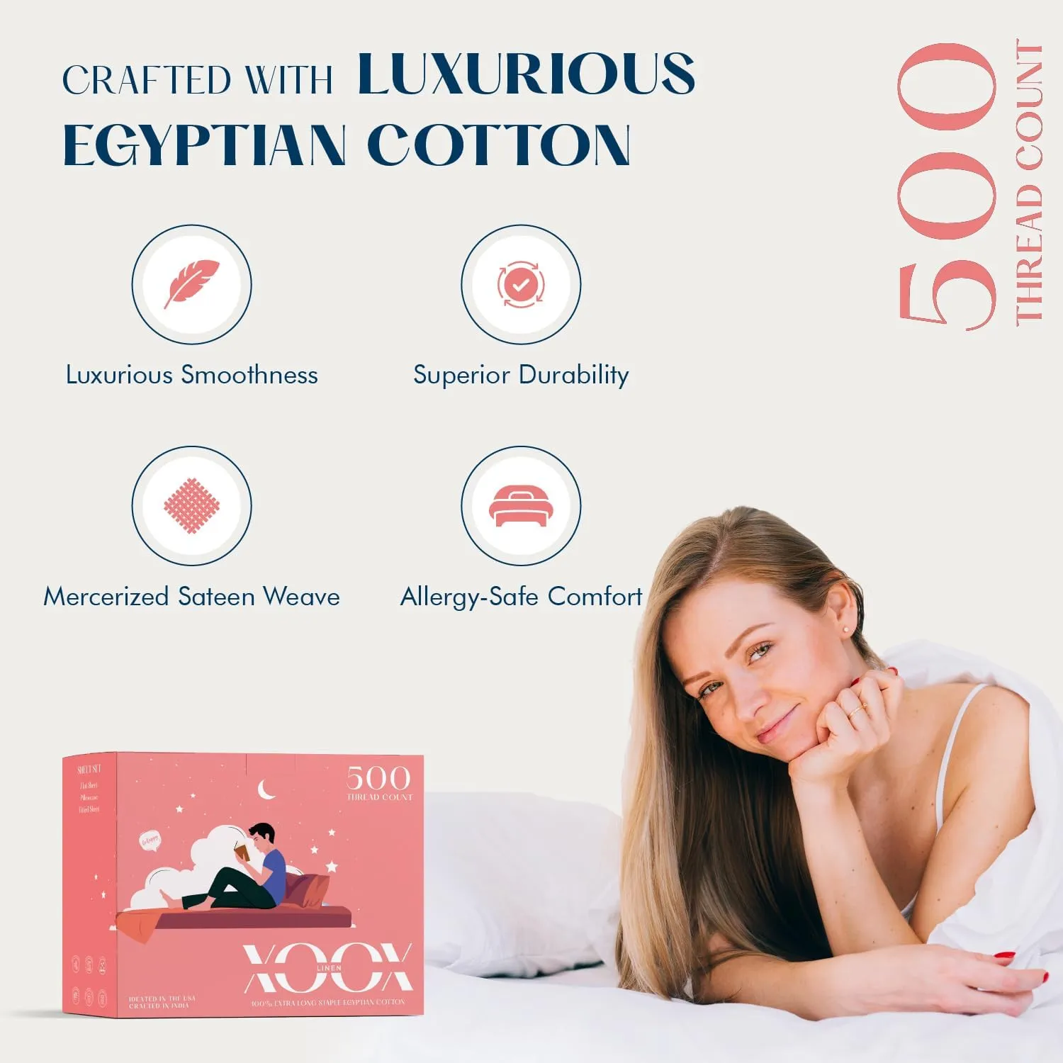 XOOX Linen 100% Cotton Bed Sheets Queen Sheet Set - 500 Thread Count Sheets Queen Size 4 PC Set (Blush), Soft, Cooling, Hotel-Quality 16" Deep Pocket Sateen Cotton Bedsheet for Hot Sleepers