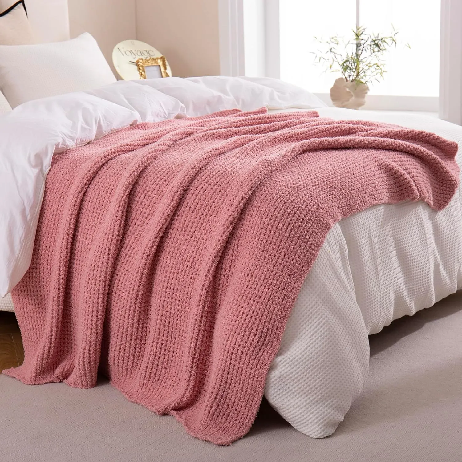 YIRUIO Microfiber Waffle Throw Blanket Weave Knit Super Soft Ultra Cozy Fuzzy Fluffy Warm for Living Room Bedroom Bedding Farmhouse (Blush Pink, 51'' x 63'')