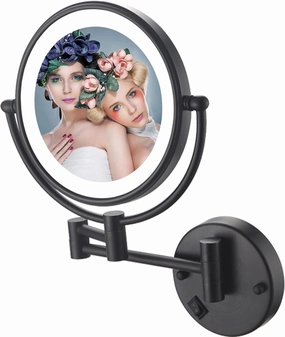YSUEFIJO Wall Mounted Makeup Mirror Hardwired 7X, Cosmetic Mirror with Light and Magnification, 8 Inch LED Bathroom Vanity Double Sided Mirror 360° Swivel with Retractable and Folding Arm Black