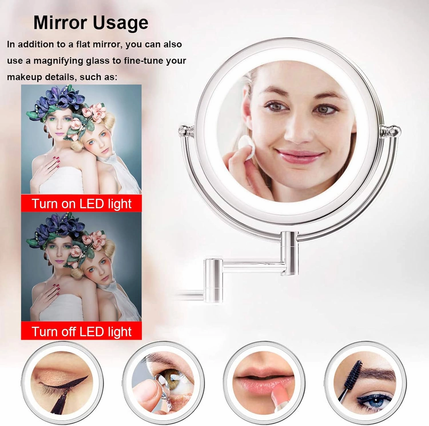 YSUEFIJO Wall Mounted Makeup Mirror Hardwired 7X, Cosmetic Mirror with Light and Magnification, 8 Inch LED Bathroom Vanity Double Sided Mirror 360° Swivel with Retractable and Folding Arm Black